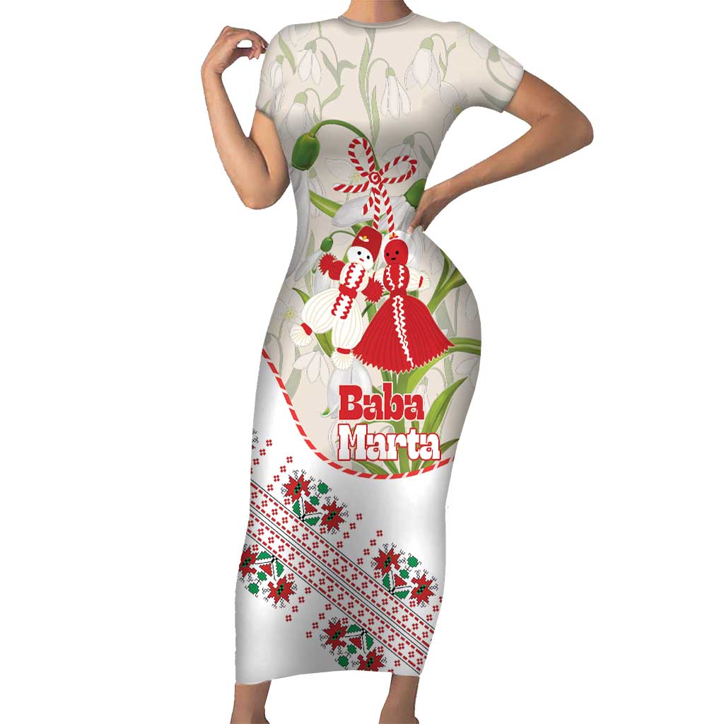Baba Marta Bulgaria Short Sleeve Bodycon Dress Martenitsa Snowdrop Shevitsa Folk Pattern