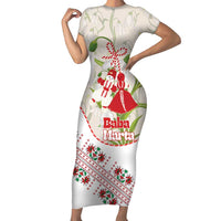 Baba Marta Bulgaria Short Sleeve Bodycon Dress Martenitsa Snowdrop Shevitsa Folk Pattern