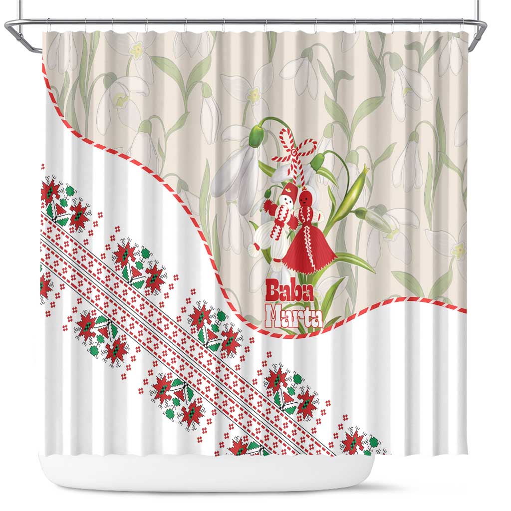Baba Marta Bulgaria Shower Curtain Martenitsa Snowdrop Shevitsa Folk Pattern