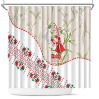 Baba Marta Bulgaria Shower Curtain Martenitsa Snowdrop Shevitsa Folk Pattern