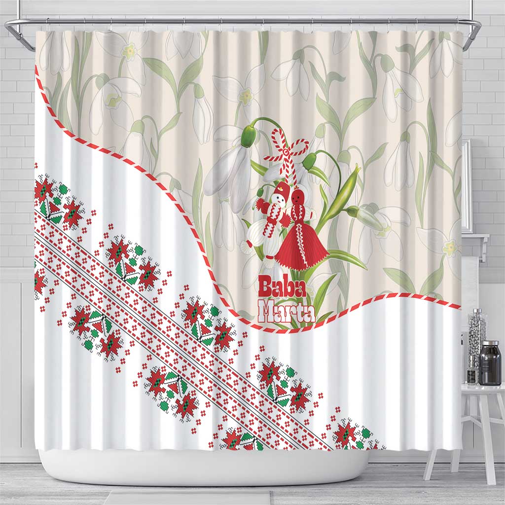 Baba Marta Bulgaria Shower Curtain Martenitsa Snowdrop Shevitsa Folk Pattern