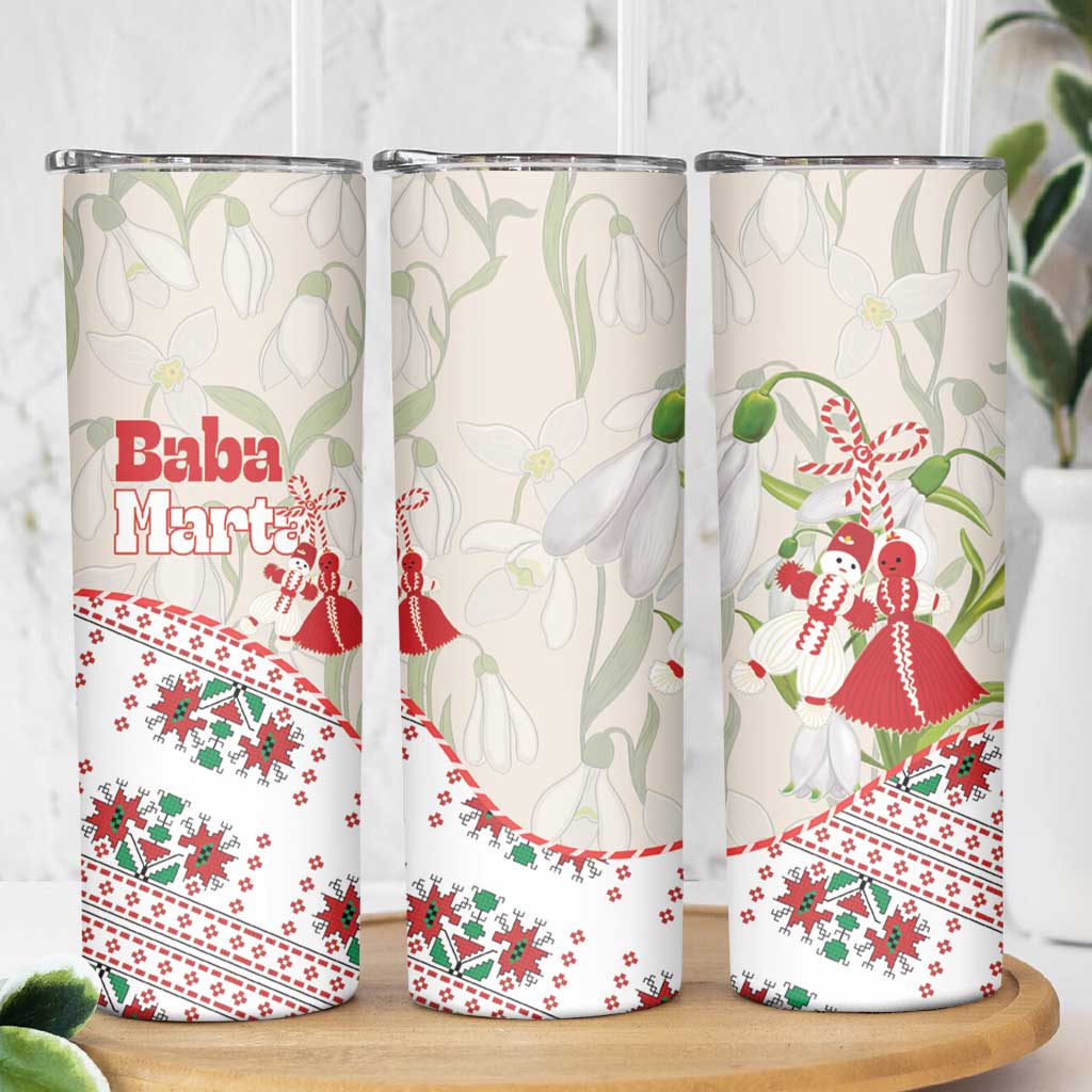 Baba Marta Bulgaria Skinny Tumbler Martenitsa Snowdrop Shevitsa Folk Pattern