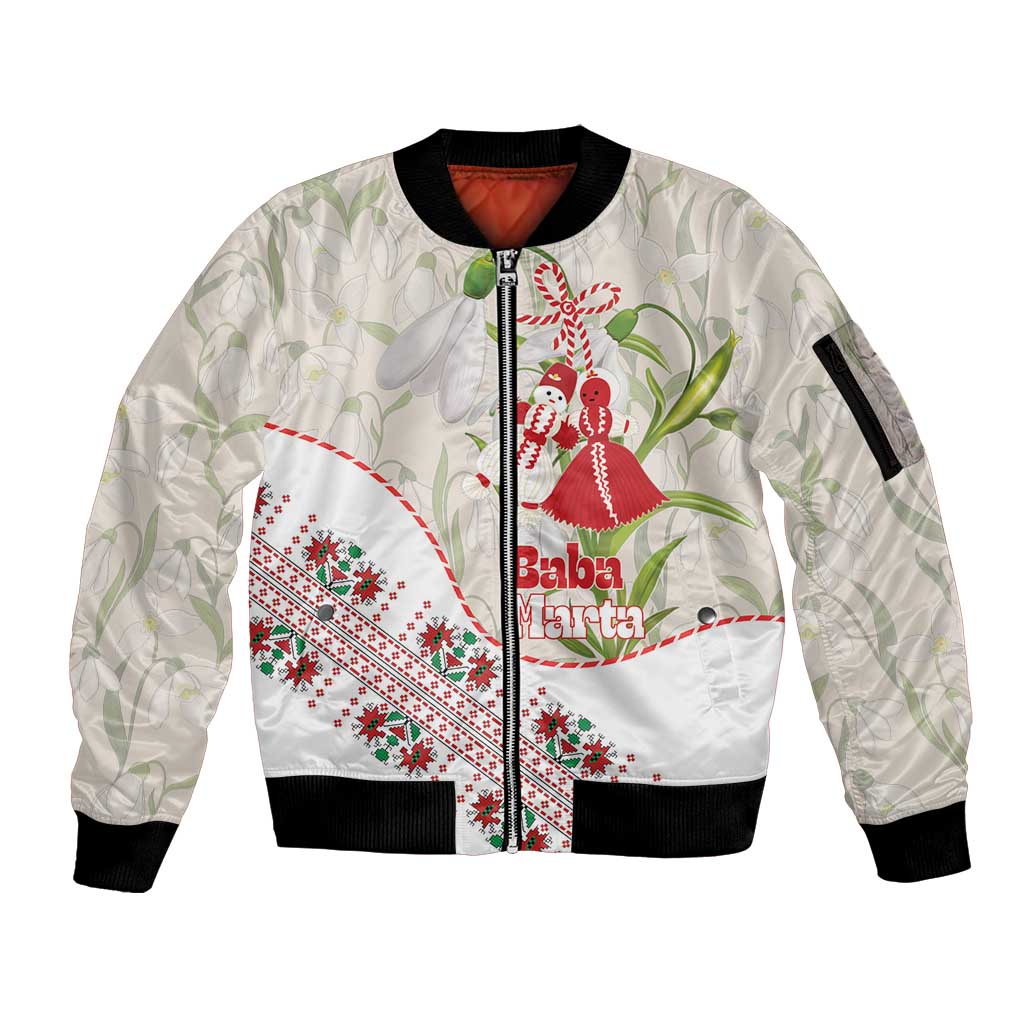 Baba Marta Bulgaria Sleeve Zip Bomber Jacket Martenitsa Snowdrop Shevitsa Folk Pattern