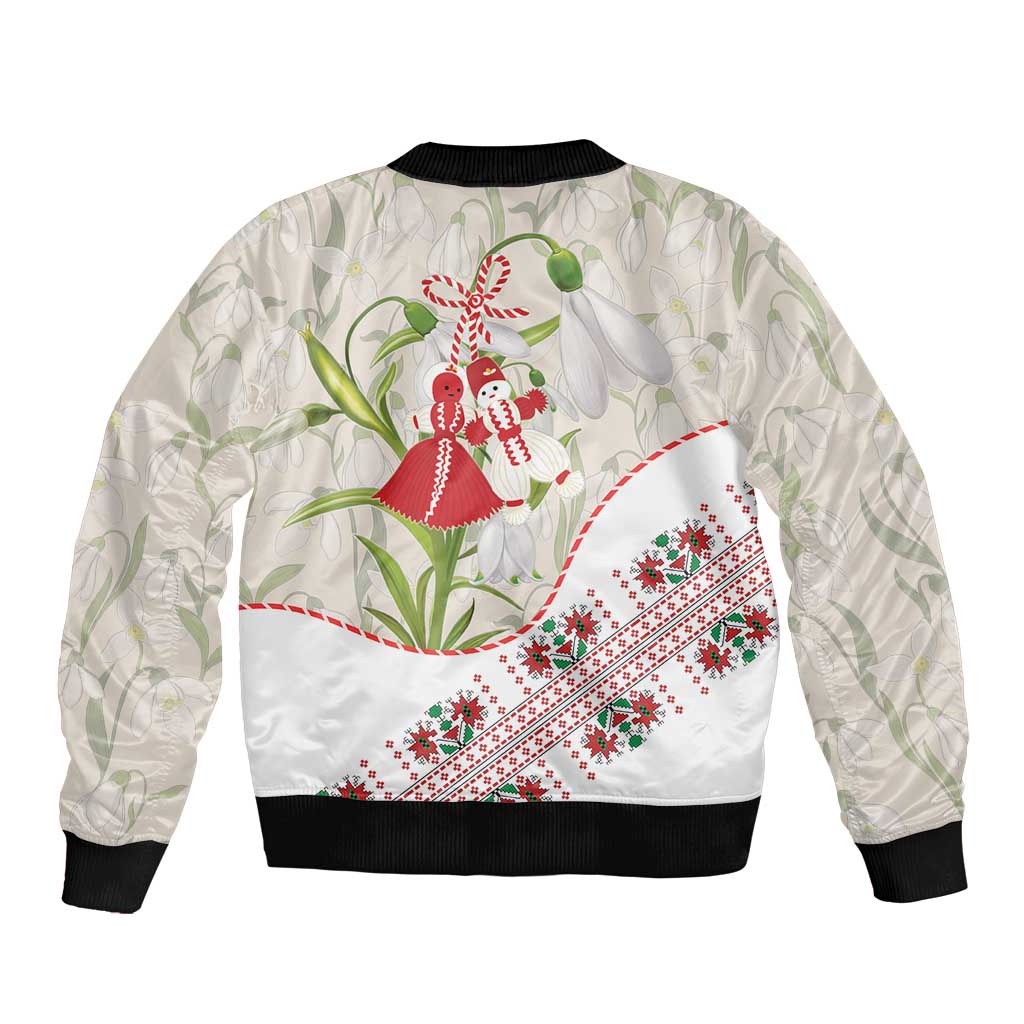Baba Marta Bulgaria Sleeve Zip Bomber Jacket Martenitsa Snowdrop Shevitsa Folk Pattern