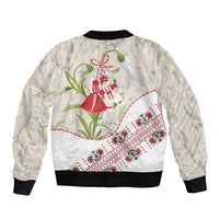 Baba Marta Bulgaria Sleeve Zip Bomber Jacket Martenitsa Snowdrop Shevitsa Folk Pattern