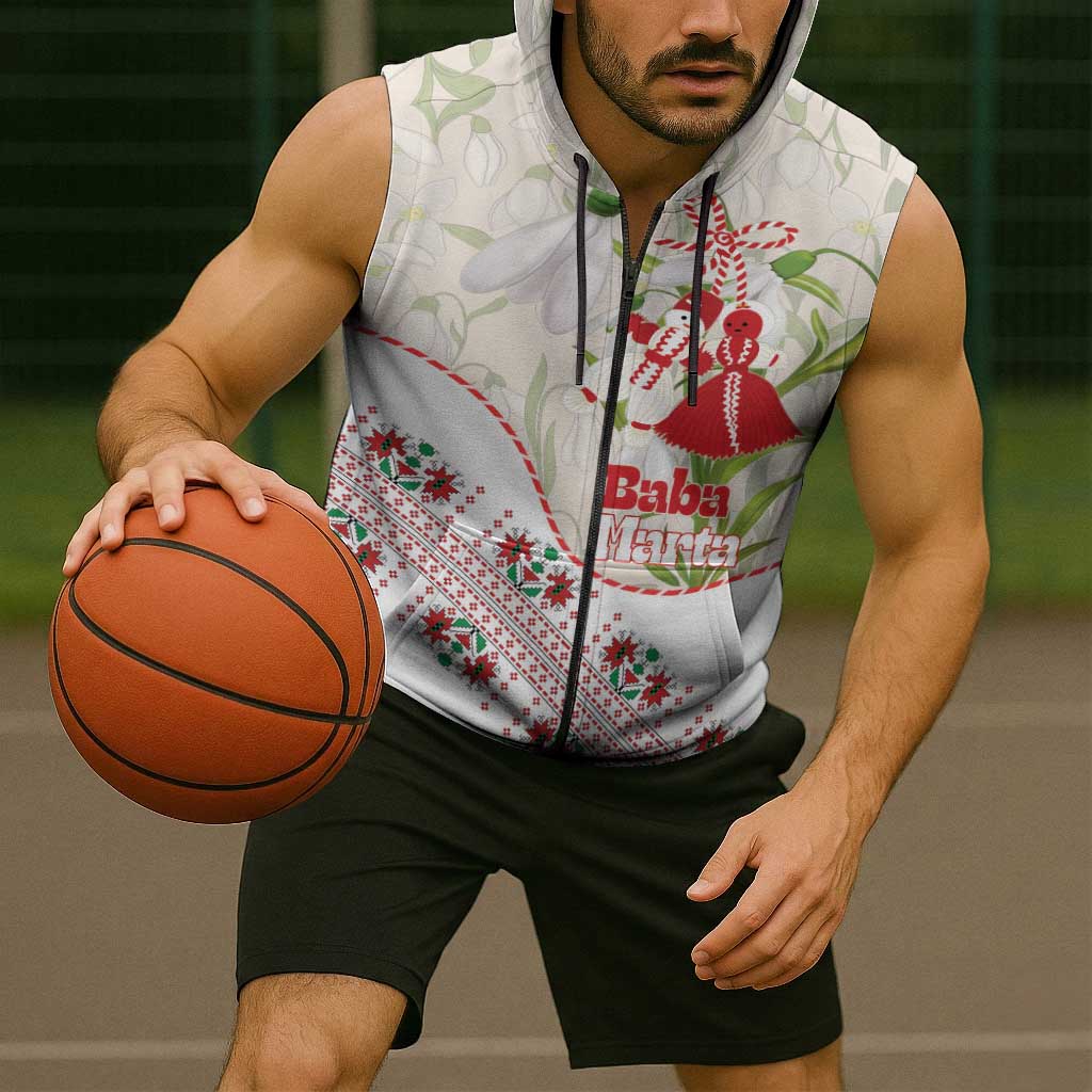 Baba Marta Bulgaria Sleeveless Zip Hoodie Martenitsa Snowdrop Shevitsa Folk Pattern