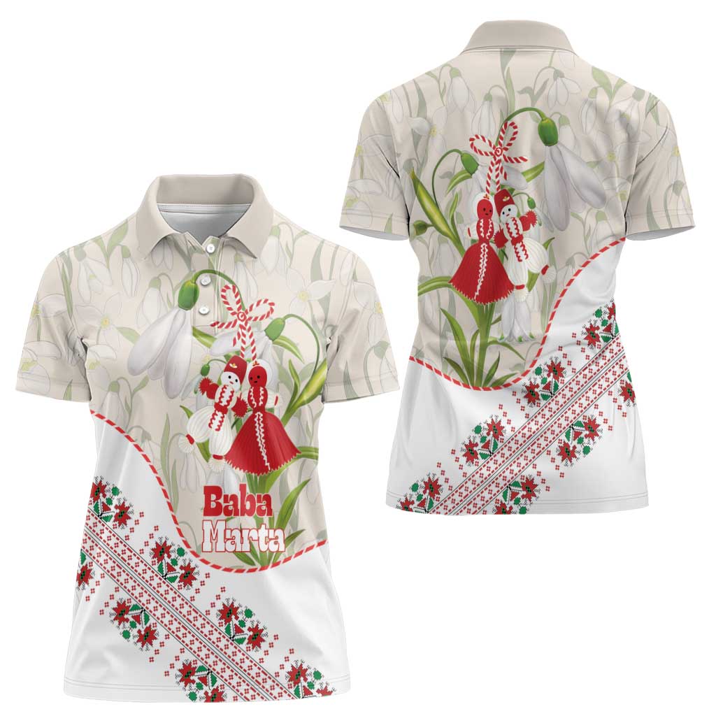 Baba Marta Bulgaria Women Polo Shirt Martenitsa Snowdrop Shevitsa Folk Pattern