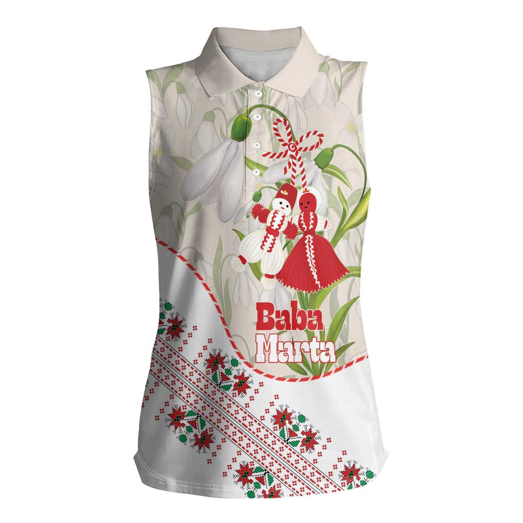 Baba Marta Bulgaria Women Sleeveless Polo Shirt Martenitsa Snowdrop Shevitsa Folk Pattern