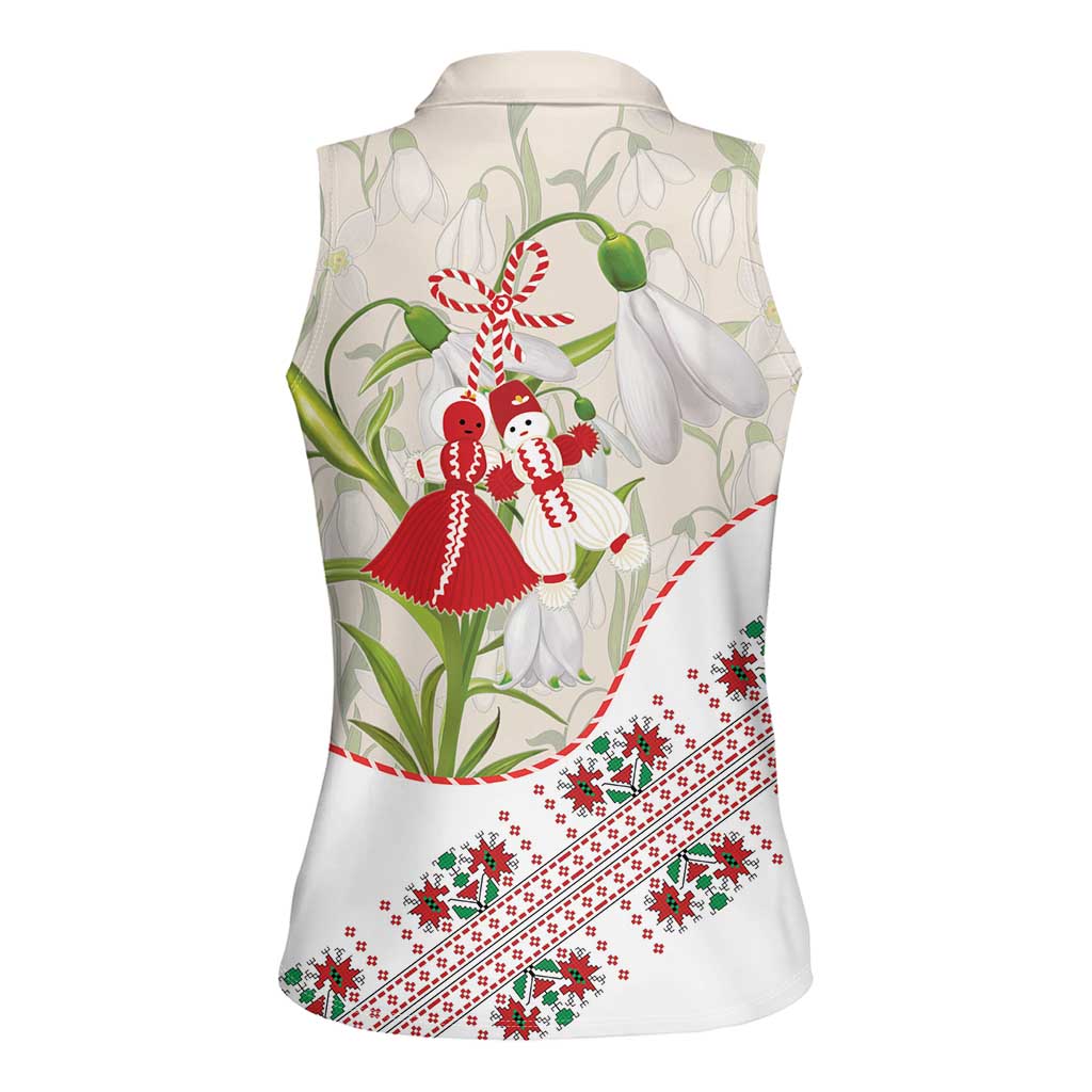 Baba Marta Bulgaria Women Sleeveless Polo Shirt Martenitsa Snowdrop Shevitsa Folk Pattern