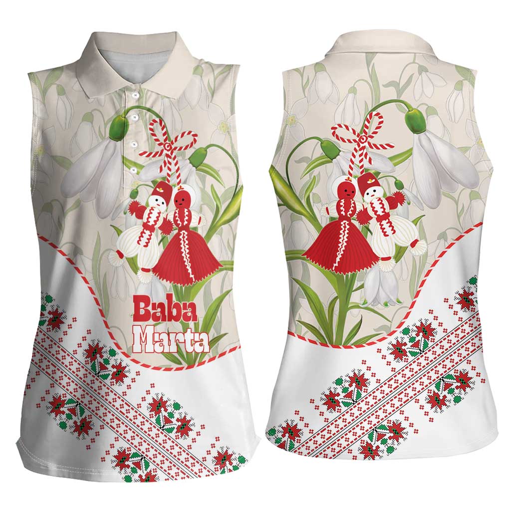 Baba Marta Bulgaria Women Sleeveless Polo Shirt Martenitsa Snowdrop Shevitsa Folk Pattern