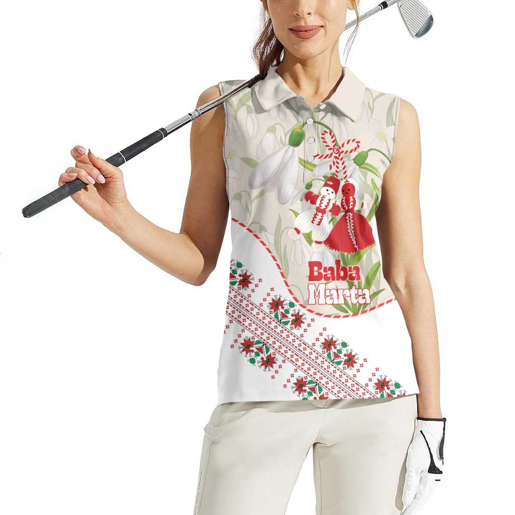 Baba Marta Bulgaria Women Sleeveless Polo Shirt Martenitsa Snowdrop Shevitsa Folk Pattern