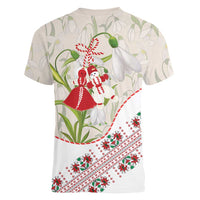 Baba Marta Bulgaria Women V-Neck T-Shirt Martenitsa Snowdrop Shevitsa Folk Pattern