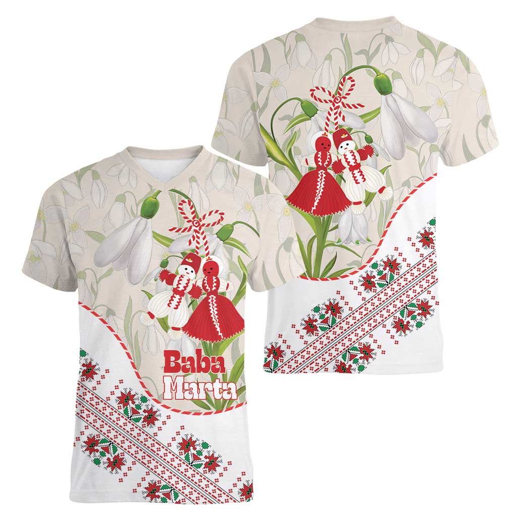 Baba Marta Bulgaria Women V-Neck T-Shirt Martenitsa Snowdrop Shevitsa Folk Pattern