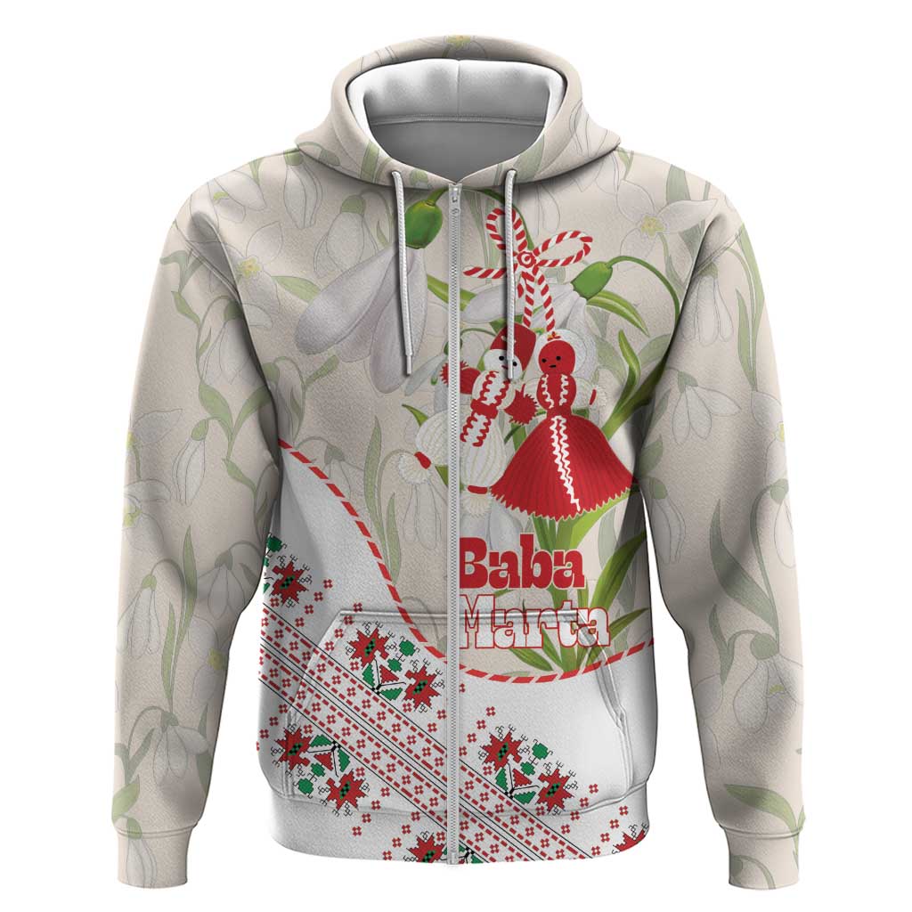 Baba Marta Bulgaria Zip Hoodie Martenitsa Snowdrop Shevitsa Folk Pattern