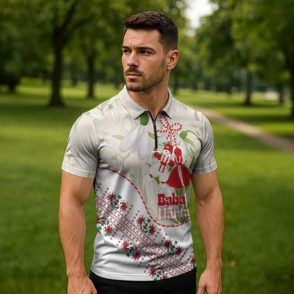 Baba Marta Bulgaria Zipper Polo Shirt Martenitsa Snowdrop Shevitsa Folk Pattern