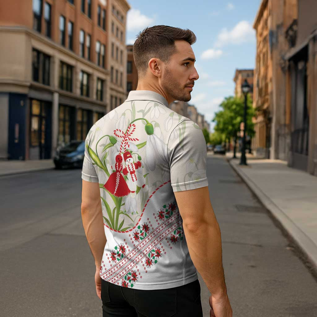 Baba Marta Bulgaria Zipper Polo Shirt Martenitsa Snowdrop Shevitsa Folk Pattern
