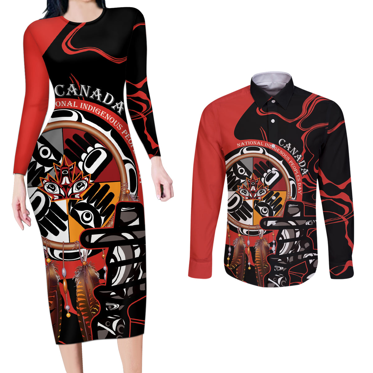Canada National Aboriginal Day Couples Matching Long Sleeve Bodycon Dress and Long Sleeve Button Shirt Indigenous Peoples Inuksuit With Dreamcatcher - Wonder Print Shop