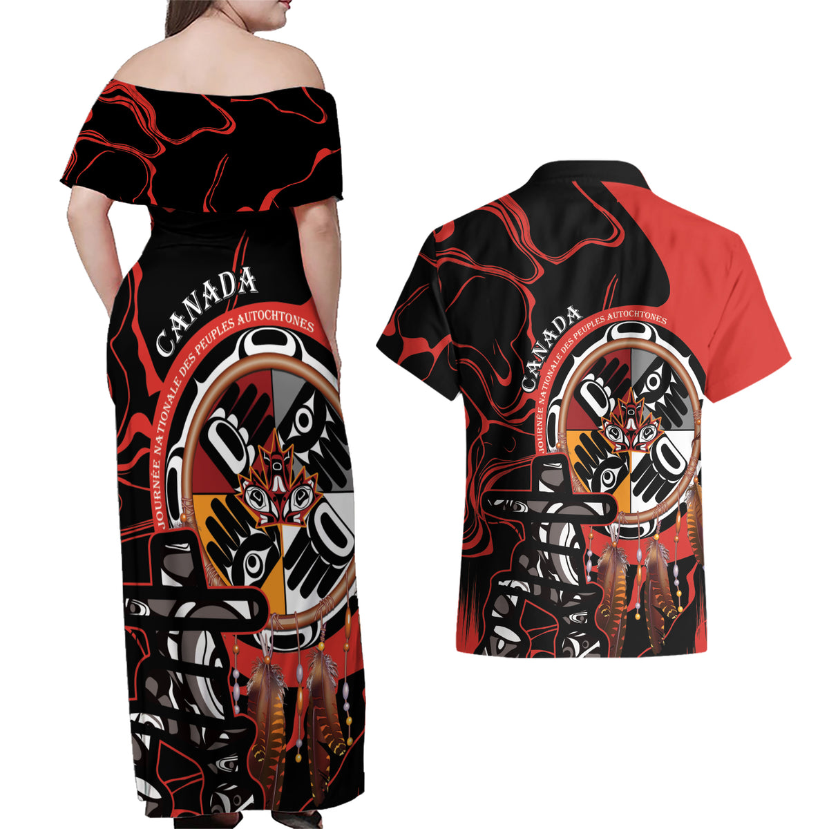 Canada National Aboriginal Day Couples Matching Off Shoulder Maxi Dress and Hawaiian Shirt Indigenous Peoples Inuksuit With Dreamcatcher - Wonder Print Shop