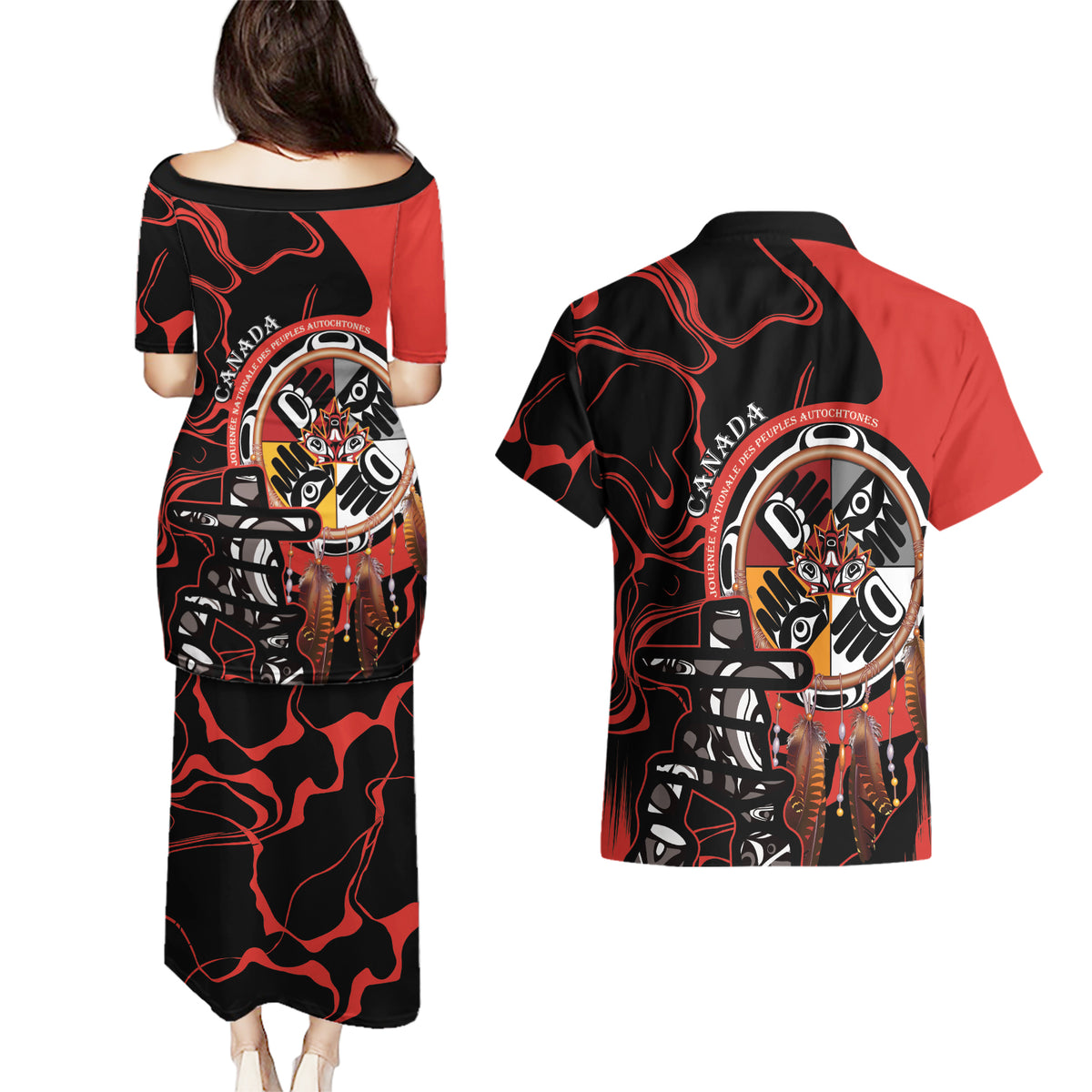 Canada National Aboriginal Day Couples Matching Puletasi and Hawaiian Shirt Indigenous Peoples Inuksuit With Dreamcatcher - Wonder Print Shop