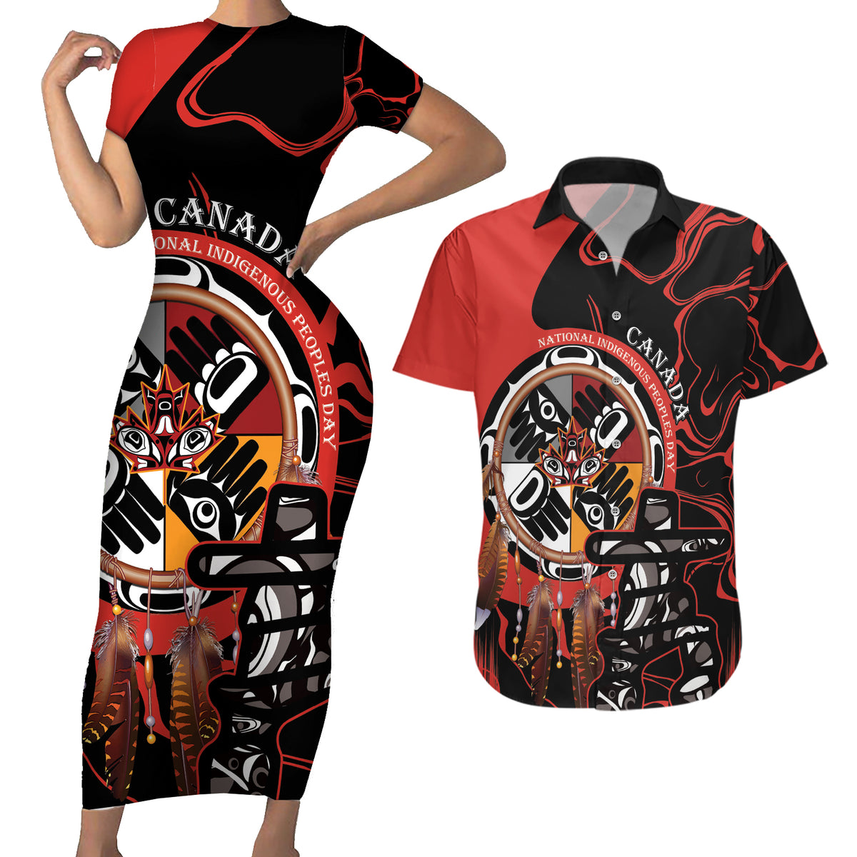 Canada National Aboriginal Day Couples Matching Short Sleeve Bodycon Dress and Hawaiian Shirt Indigenous Peoples Inuksuit With Dreamcatcher - Wonder Print Shop