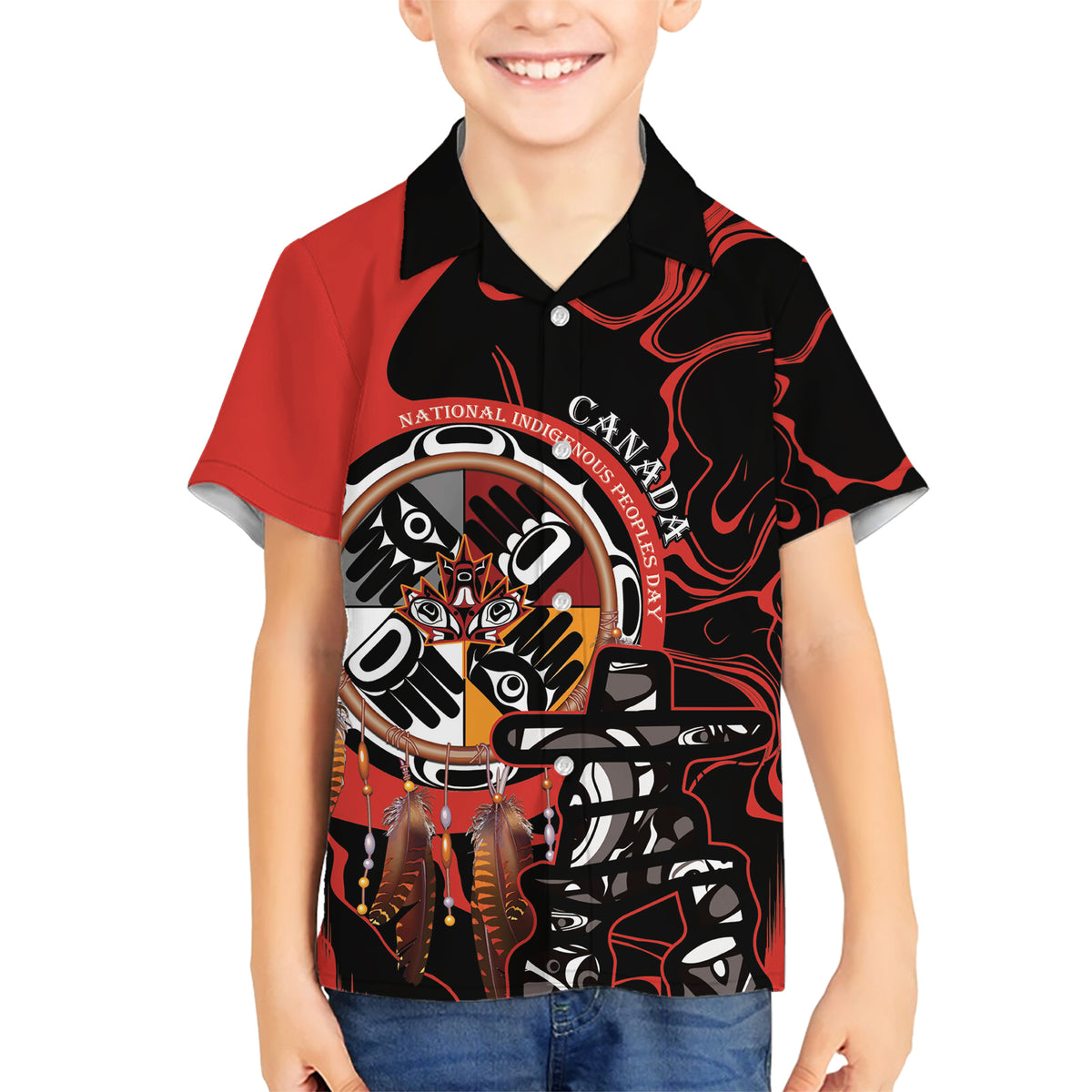 Canada National Aboriginal Day Family Matching Short Sleeve Bodycon Dress and Hawaiian Shirt Indigenous Peoples Inuksuit With Dreamcatcher - Wonder Print Shop