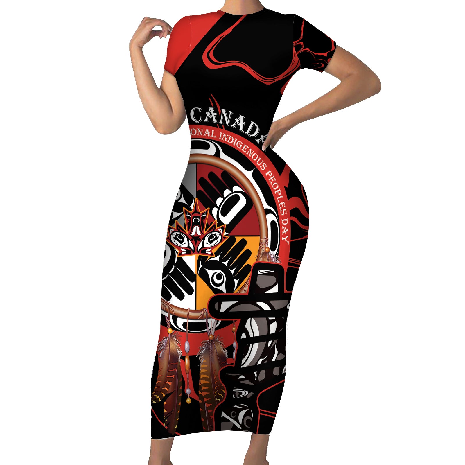 Canada National Aboriginal Day Short Sleeve Bodycon Dress Indigenous Peoples Inuksuit With Dreamcatcher - Wonder Print Shop