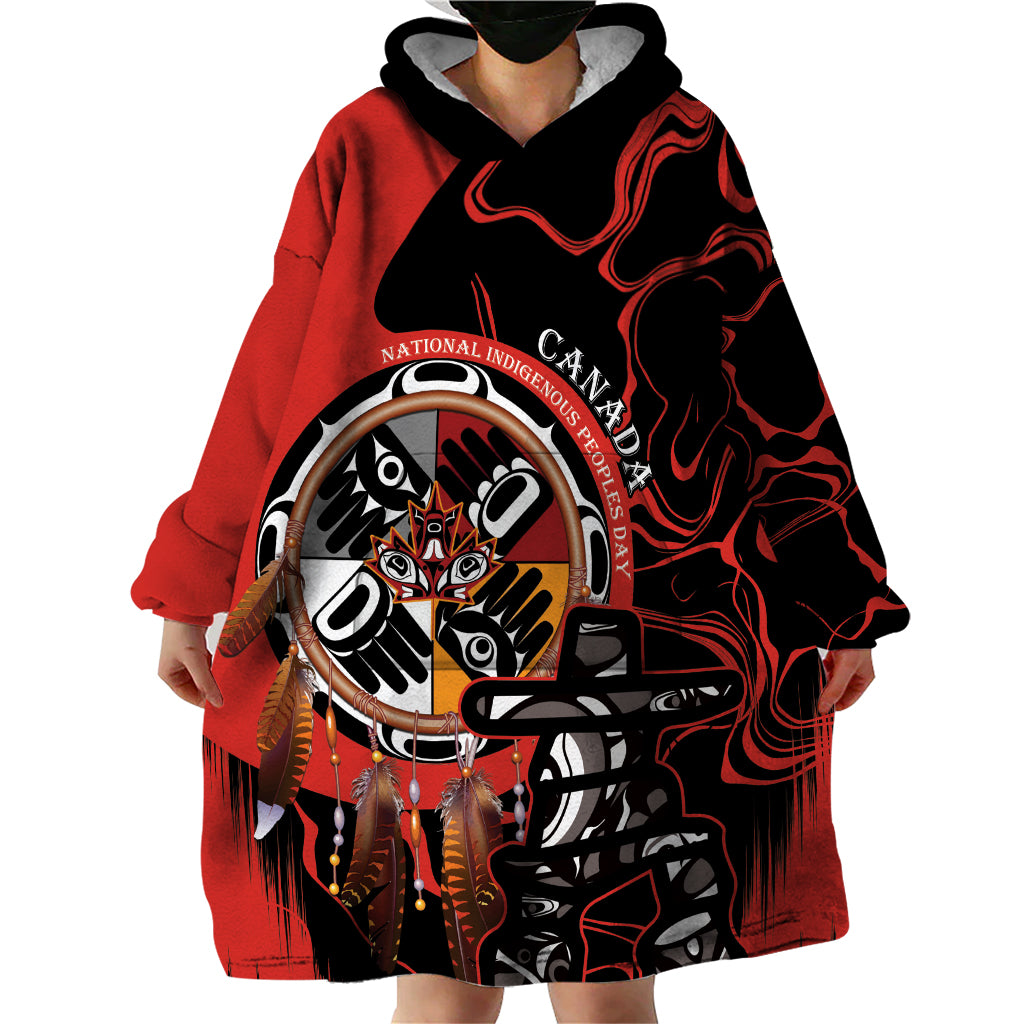Canada National Aboriginal Day Wearable Blanket Hoodie Indigenous Peoples Inuksuit With Dreamcatcher - Wonder Print Shop