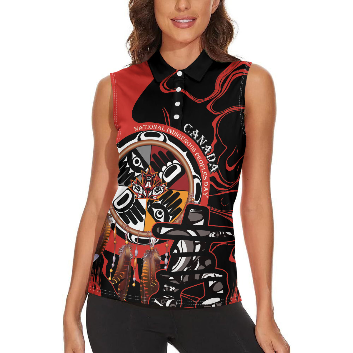 Canada National Aboriginal Day Women Sleeveless Polo Shirt Indigenous Peoples Inuksuit With Dreamcatcher - Wonder Print Shop