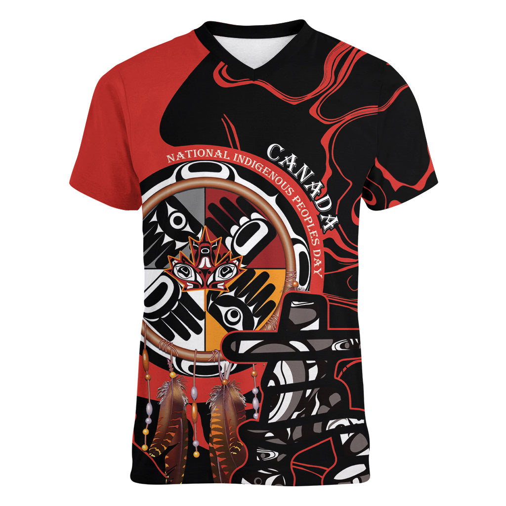 Canada National Aboriginal Day Women V-Neck T-Shirt Indigenous Peoples Inuksuit With Dreamcatcher - Wonder Print Shop