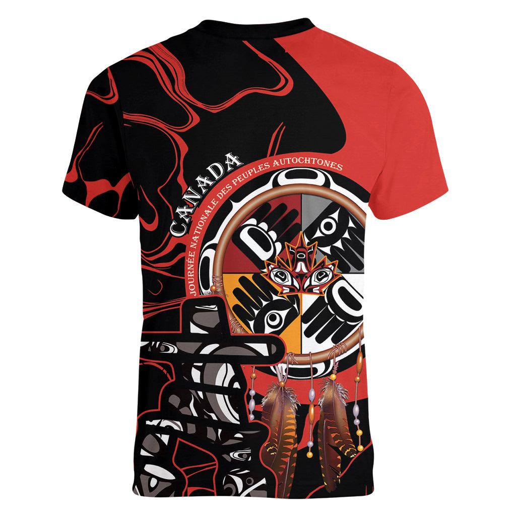 Canada National Aboriginal Day Women V-Neck T-Shirt Indigenous Peoples Inuksuit With Dreamcatcher - Wonder Print Shop