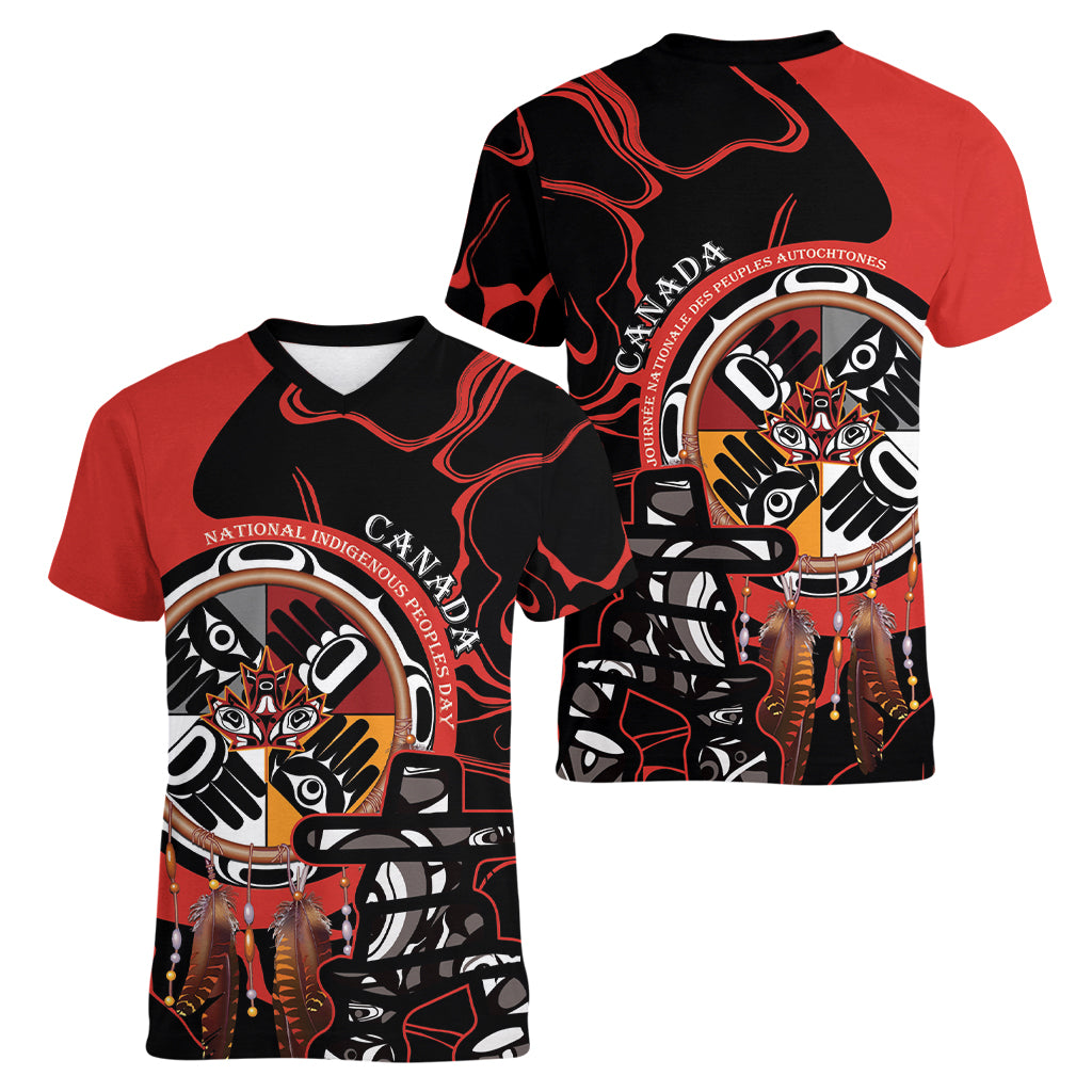 Canada National Aboriginal Day Women V-Neck T-Shirt Indigenous Peoples Inuksuit With Dreamcatcher - Wonder Print Shop