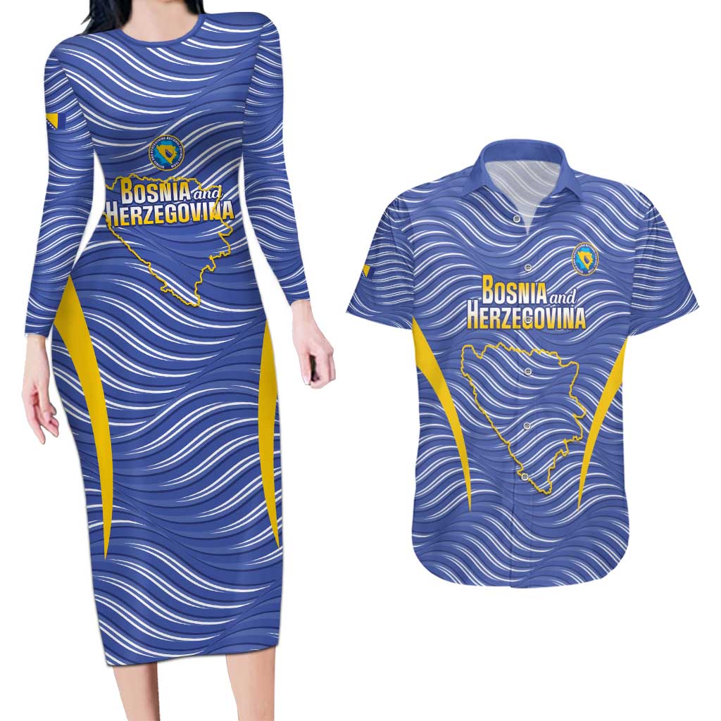 Custom Bosnia and Herzegovina Football Couples Matching Long Sleeve Bodycon Dress and Hawaiian Shirt Come On Zmajevi