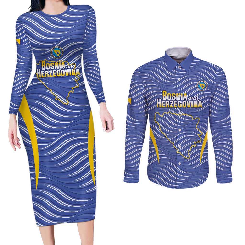 Custom Bosnia and Herzegovina Football Couples Matching Long Sleeve Bodycon Dress and Long Sleeve Button Shirt Come On Zmajevi