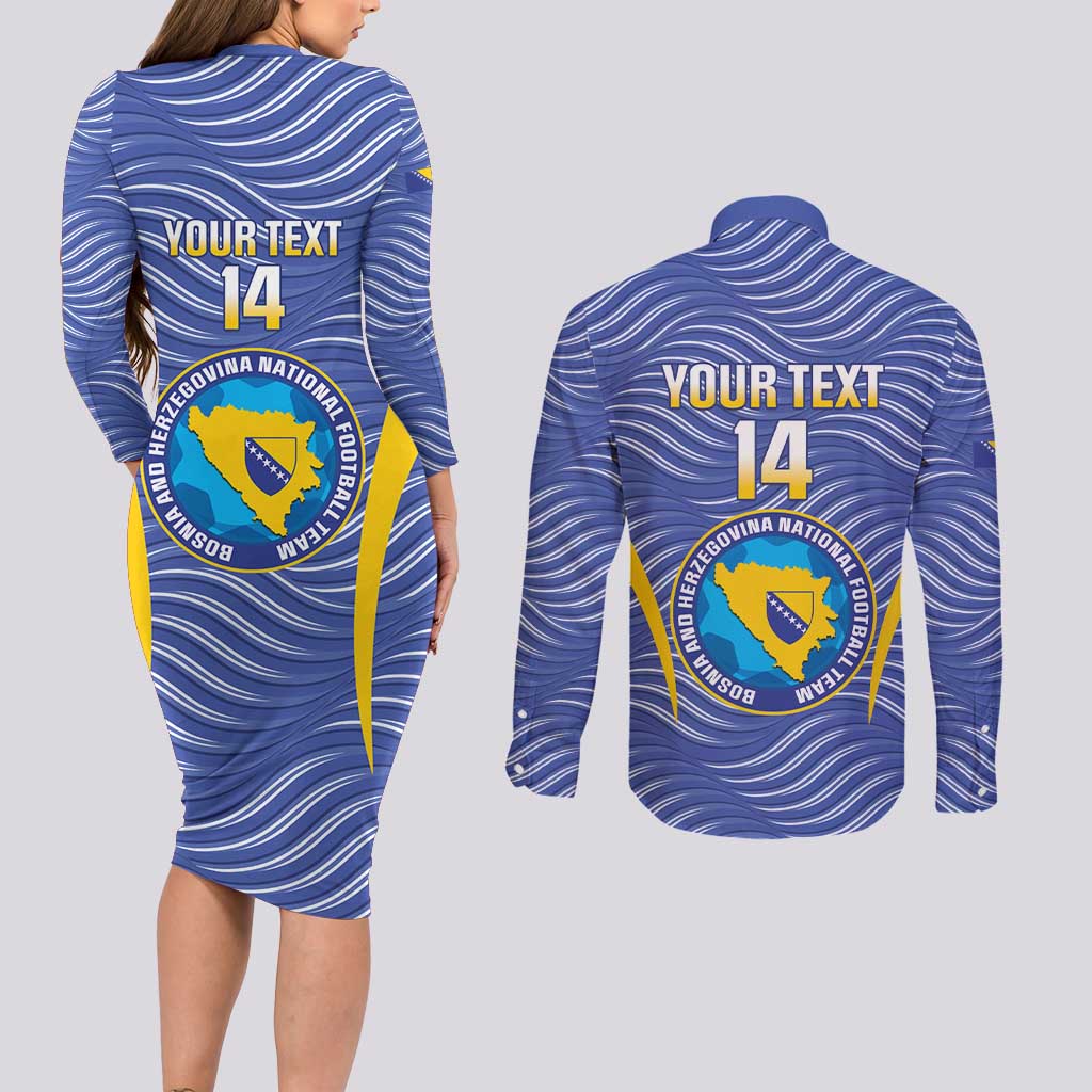 Custom Bosnia and Herzegovina Football Couples Matching Long Sleeve Bodycon Dress and Long Sleeve Button Shirt Come On Zmajevi