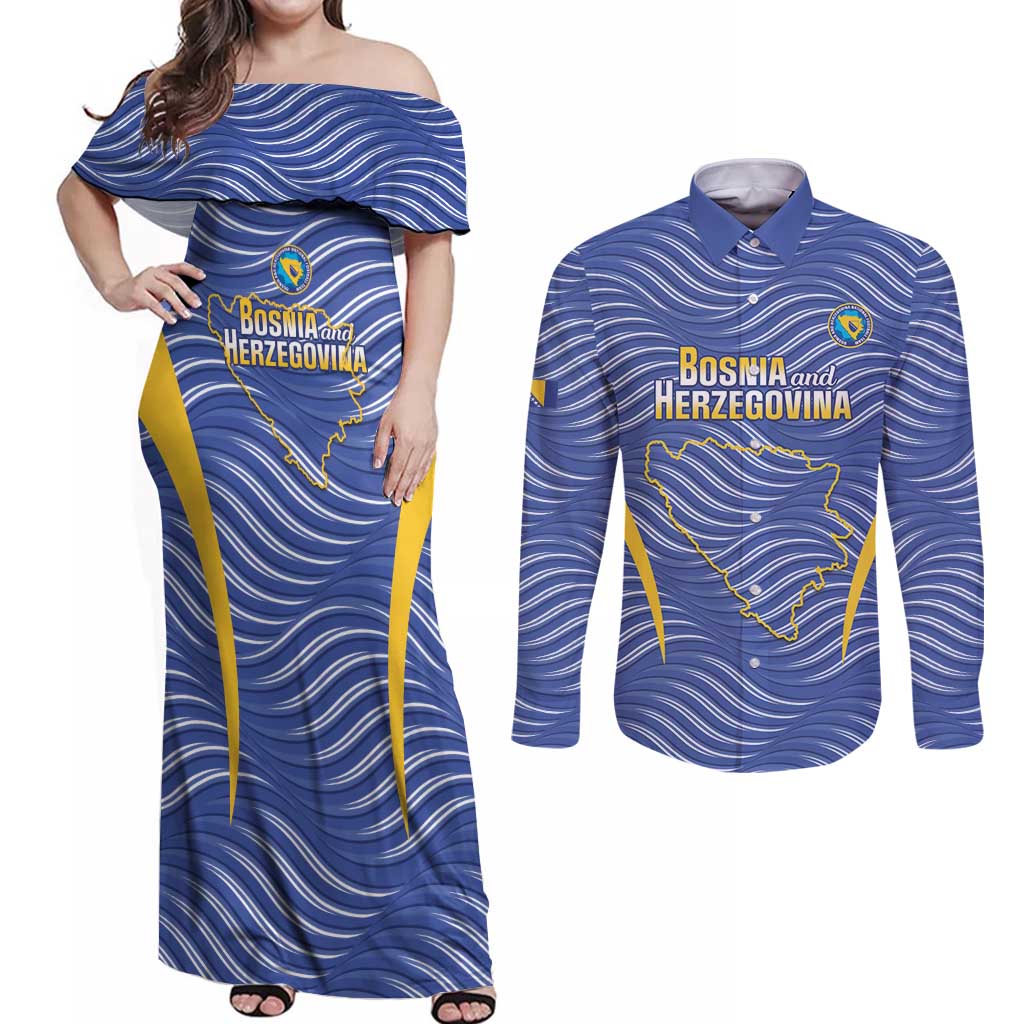 Custom Bosnia and Herzegovina Football Couples Matching Off Shoulder Maxi Dress and Long Sleeve Button Shirt Come On Zmajevi
