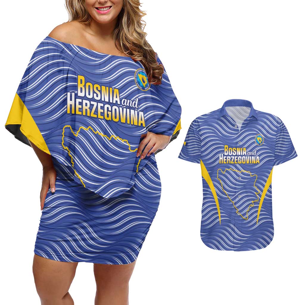 Custom Bosnia and Herzegovina Football Couples Matching Off Shoulder Short Dress and Hawaiian Shirt Come On Zmajevi