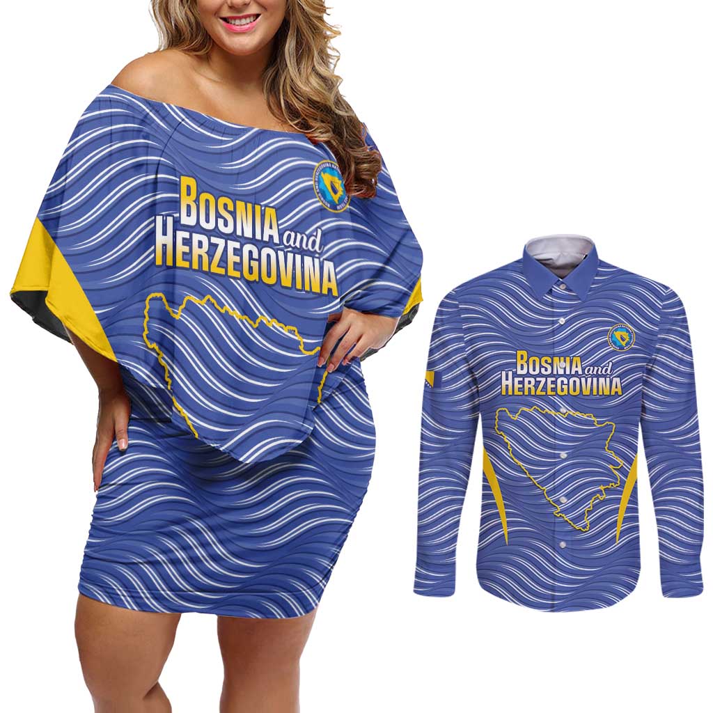 Custom Bosnia and Herzegovina Football Couples Matching Off Shoulder Short Dress and Long Sleeve Button Shirt Come On Zmajevi