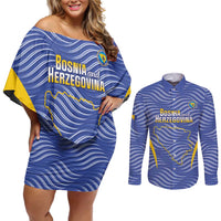 Custom Bosnia and Herzegovina Football Couples Matching Off Shoulder Short Dress and Long Sleeve Button Shirt Come On Zmajevi