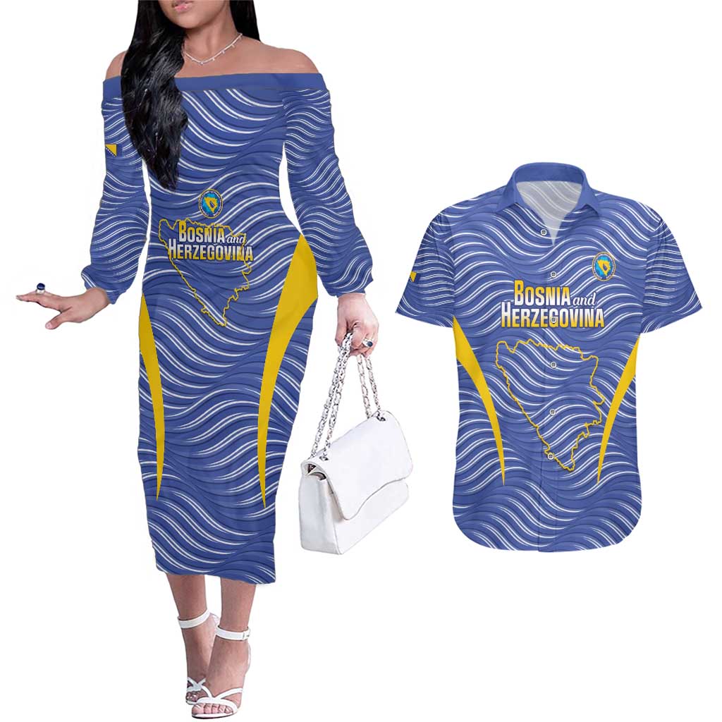 Custom Bosnia and Herzegovina Football Couples Matching Off The Shoulder Long Sleeve Dress and Hawaiian Shirt Come On Zmajevi