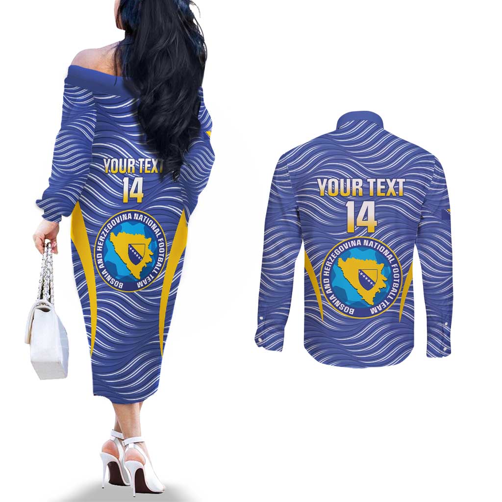 Custom Bosnia and Herzegovina Football Couples Matching Off The Shoulder Long Sleeve Dress and Long Sleeve Button Shirt Come On Zmajevi