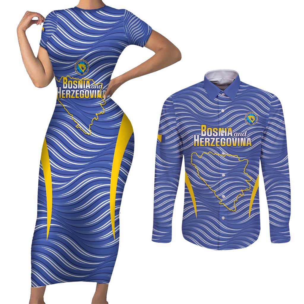 Custom Bosnia and Herzegovina Football Couples Matching Short Sleeve Bodycon Dress and Long Sleeve Button Shirt Come On Zmajevi