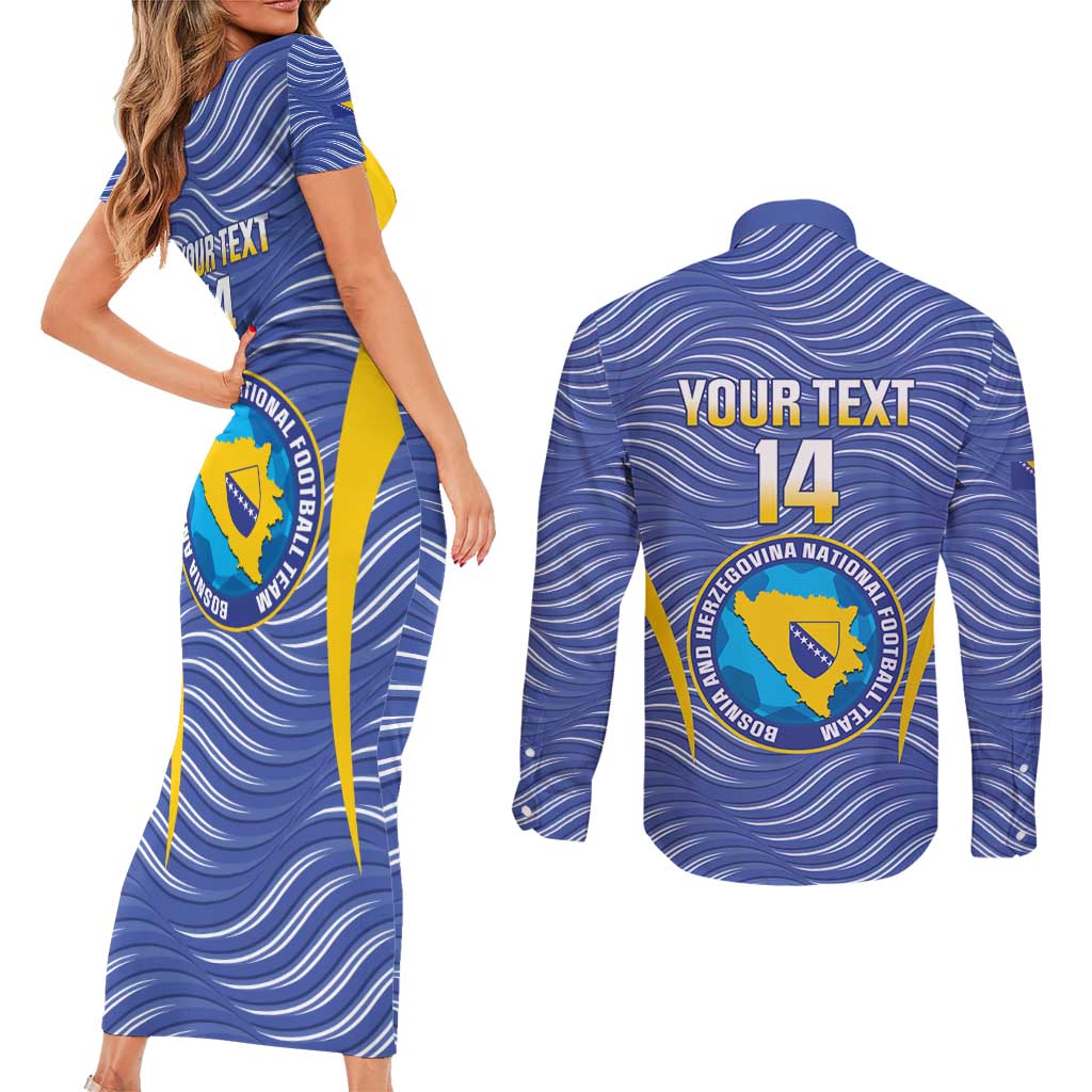 Custom Bosnia and Herzegovina Football Couples Matching Short Sleeve Bodycon Dress and Long Sleeve Button Shirt Come On Zmajevi
