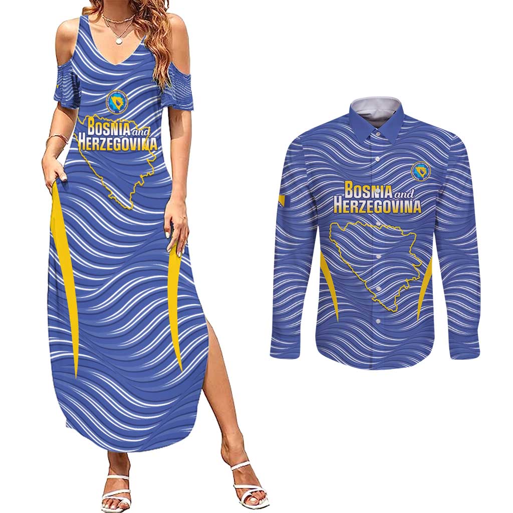 Custom Bosnia and Herzegovina Football Couples Matching Summer Maxi Dress and Long Sleeve Button Shirt Come On Zmajevi