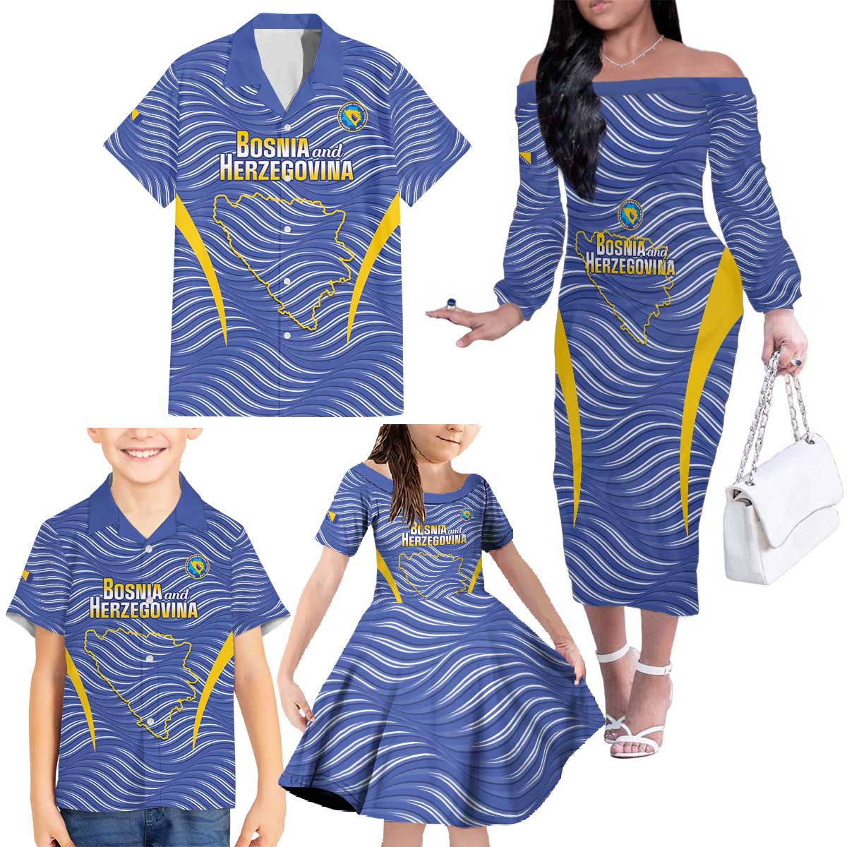 Custom Bosnia and Herzegovina Football Family Matching Off The Shoulder Long Sleeve Dress and Hawaiian Shirt Come On Zmajevi