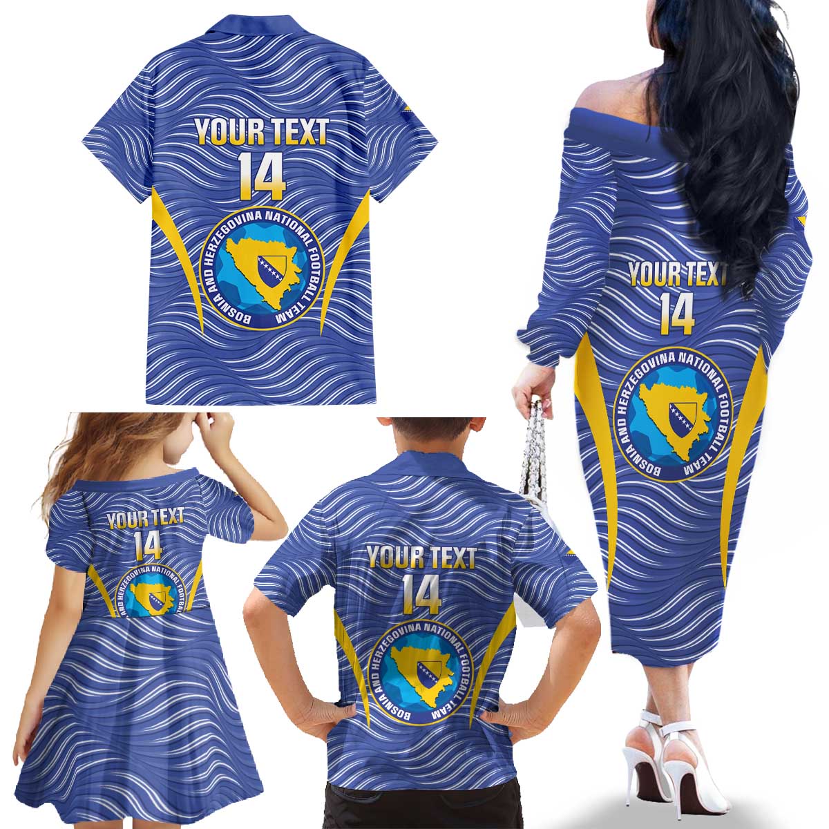Custom Bosnia and Herzegovina Football Family Matching Off The Shoulder Long Sleeve Dress and Hawaiian Shirt Come On Zmajevi