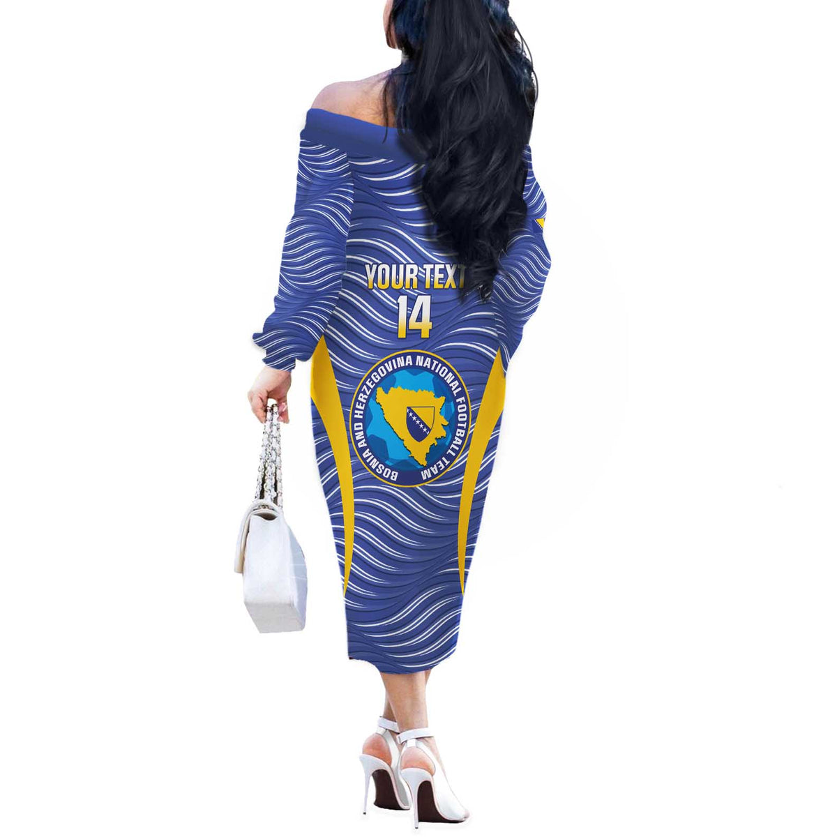 Custom Bosnia and Herzegovina Football Off The Shoulder Long Sleeve Dress Come On Zmajevi