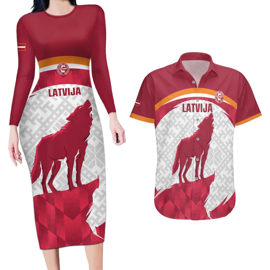 Custom Latvia Football Couples Matching Long Sleeve Bodycon Dress and Hawaiian Shirt Go Wolves Latvija Folk Pattern
