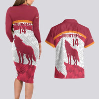 Custom Latvia Football Couples Matching Long Sleeve Bodycon Dress and Hawaiian Shirt Go Wolves Latvija Folk Pattern