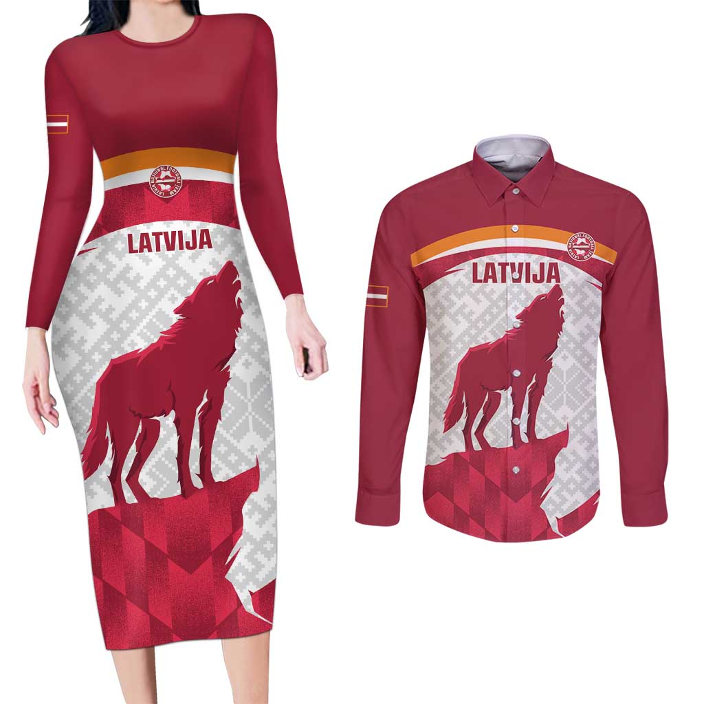 Custom Latvia Football Couples Matching Long Sleeve Bodycon Dress and Long Sleeve Button Shirt Go Wolves Latvija Folk Pattern