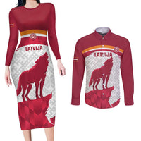 Custom Latvia Football Couples Matching Long Sleeve Bodycon Dress and Long Sleeve Button Shirt Go Wolves Latvija Folk Pattern